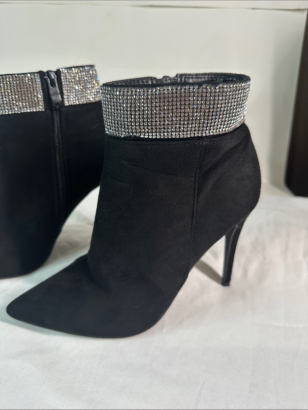 Women's Black Rhinestone-Cuff Pointed Ankle Bootie